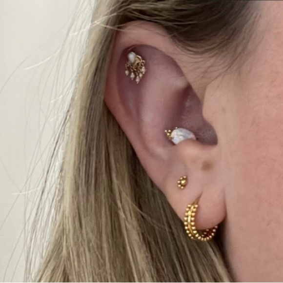 Invictus 14 kt gold Opal & CZ Mandala Chandelier Earring - Picture 7 of 7